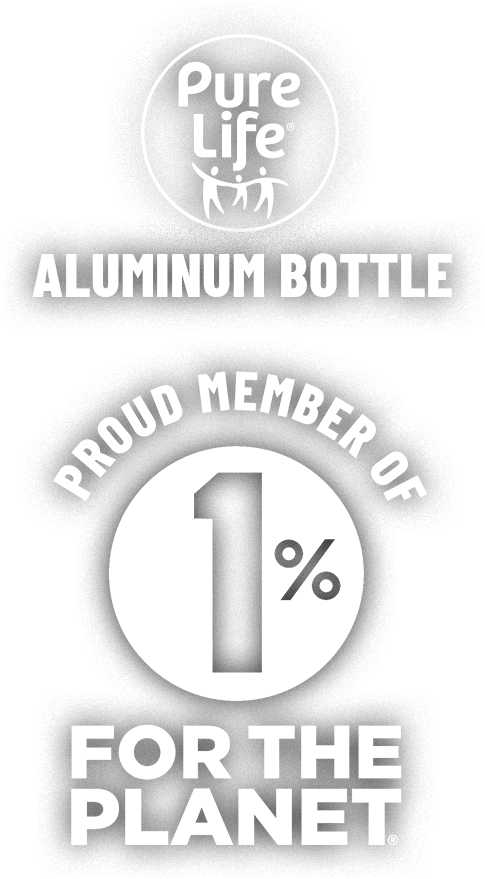 Pure Life aluminum bottle. Proud member of 1% for the planet.